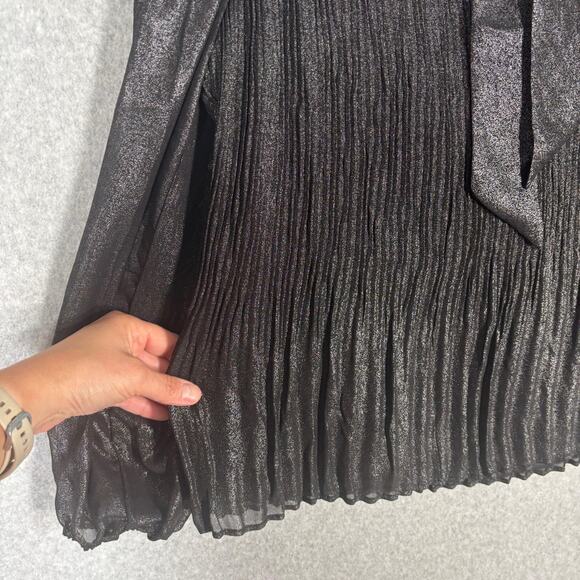 Nanette Lepore Blouse Small Metallic Sheer Sleeve Neck Bow Tie Cord Pleated - Picture 6 of 13